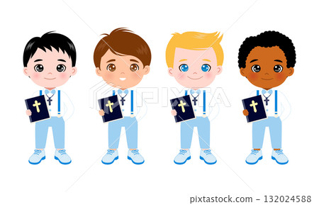 Cute boys with bible and rosary for First communion clipart 132024588