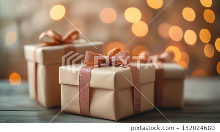 gift boxes on wooden table with warm cozy Christmas lighting background gift boxes on wooden table with warm cozy Christmas lighting background 132024680