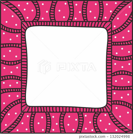 Decorative pink mosaic frame. Wavy square shape frame. Black lines. Empty space for text or picture. White dots. 132024998