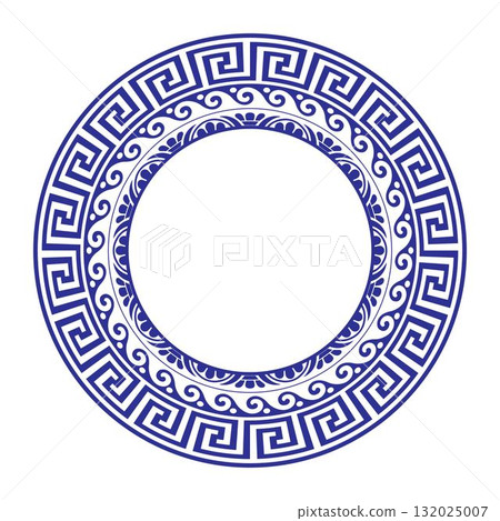 Greek blue round frame. Patterns of Greece and ancient Rome. Greek round frame. Round ornament. Greek meander. Round antique greek border. Typical egyptian, assyrian and greek motives Greek blue round frame. Patterns of Greece and ancient Rome. Greek round frame. Round ornament. Greek meander. Round antique greek border. Typical egyptian, assyrian and greek motives 132025007