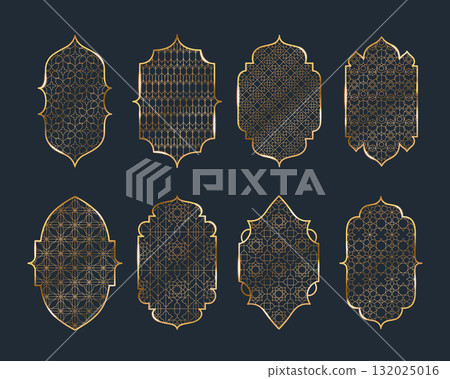 Golden islamic window frames set isolated on black 132025016