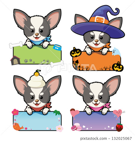 Eye-catching! Cute and adorable sign illustration set featuring Chihuahuas - 4 types (normal, New Year, Halloween) 132025067
