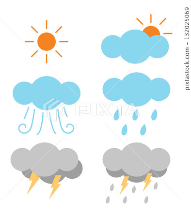 Sunny, cloudy, rainy, windy and stormy weather forecast cartoon for illustration and education Sunny, cloudy, rainy, windy and stormy weather forecast cartoon for illustration and education 132025069