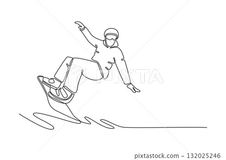 Continuous one line drawing male wearing helmet and goggles is snowboarding, carving sharp turn while leaning deeply. Fluid motion of extreme sport. Single line draw design vector graphic illustration Continuous one line drawing male wearing helmet and goggles is snowboarding, carving sharp turn while leaning deeply. Fluid motion of extreme sport. Single line draw design vector graphic illustration 132025246