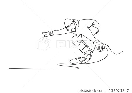 Continuous one line drawing young male wearing goggles is snowboarding, leaning low into deep toe-side turn, extending a hand to snow for balance. Single line draw design vector graphic illustration 132025247