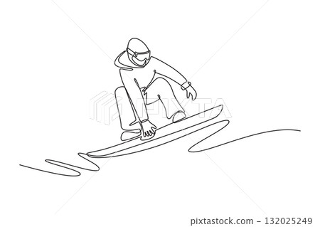 Continuous one line drawing guy wearing goggles, hoodie is snowboarding in low, crouched stance, extending hand to snow for balance. Dynamic flow. Single line draw design vector graphic illustration 132025249