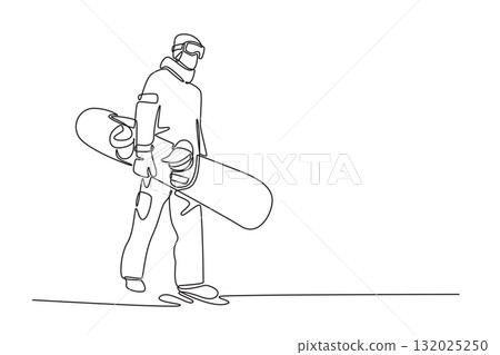 Continuous one line drawing man wearing goggles and hoodie stands carrying snowboard at their side, walking across snow. Casual style winter sport. Single line draw design vector graphic illustration 132025250
