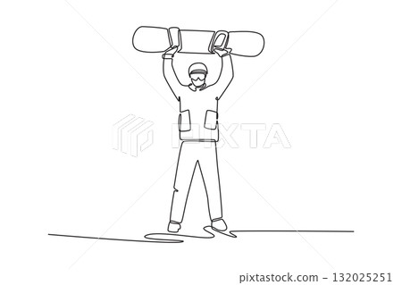 Continuous one line drawing active young male stands with snowboard held high overhead in celebration, emphasizes triumph and joy of winter sport. Single line draw design vector graphic illustration 132025251