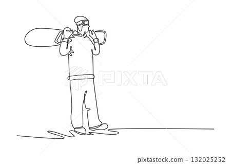 Continuous one line drawing guy wearing goggles and hoodie stands holding snowboard over shoulder, looking out across slope. Style of winter sport. Single line draw design vector graphic illustration 132025252
