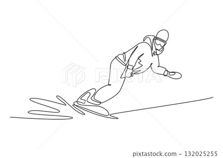 Single continuous line drawing young girl wearing goggles and helmet is snowboarding, leaning low into deep toe-side turn with one hand touching snow. One line draw graphic design vector illustration 132025255