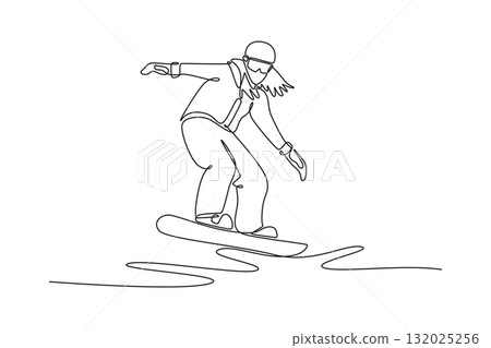 Single continuous line drawing girl with long hair is snowboarding, leaning low into carving turn with wide arms for balance. Motion of extreme sport. One line draw graphic design vector illustration Single continuous line drawing girl with long hair is snowboarding, leaning low into carving turn with wide arms for balance. Motion of extreme sport. One line draw graphic design vector illustration 132025256