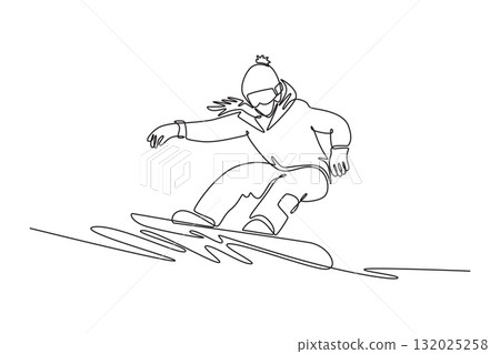 Continuous one line drawing girl wearing beanie and goggles is snowboarding low into carving turn, leaning forward with arms extended for balance. Single line draw design vector graphic illustration 132025258