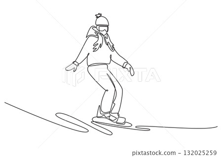 Single continuous line drawing person wearing a beanie and goggles is snowboarding down slope in stable, low stance with arms out for balance. Dynamic one line draw graphic design vector illustration 132025259
