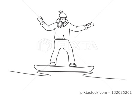 Single continuous line drawing young girl wearing beanie and goggles is snowboarding in low, wide stance with arms spread for balance. Dynamic motion. One line draw graphic design vector illustration 132025261