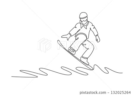Single one line drawing snowboarder carving turn with low, crouched posture and wide arms for balance, dynamic flow of the winter sport. Modern continuous line draw design graphic vector illustration 132025264