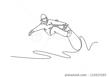 Single continuous line drawing guy wearing jacket and goggles is snowboarding, mid-air in dynamic jump or trick, fluid motion, extreme of winter sport. One line draw graphic design vector illustration Single continuous line drawing guy wearing jacket and goggles is snowboarding, mid-air in dynamic jump or trick, fluid motion, extreme of winter sport. One line draw graphic design vector illustration 132025265