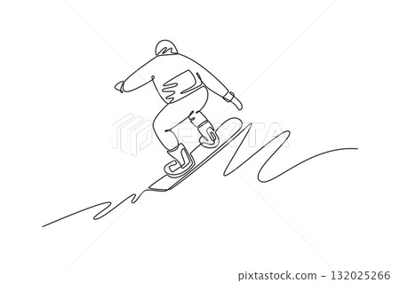 Single one line drawing male wearing snowboard jacket and helmet is snowboarding, leaning low into turn on slope, fluid motion of extreme sport. Continuous line draw design graphic vector illustration Single one line drawing male wearing snowboard jacket and helmet is snowboarding, leaning low into turn on slope, fluid motion of extreme sport. Continuous line draw design graphic vector illustration 132025266