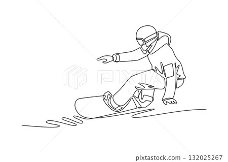 Single one line drawing person wearing goggles and hoodie is snowboarding, carving deep, low turn with one hand reaching out, dynamic balance. Continuous line draw design graphic vector illustration Single one line drawing person wearing goggles and hoodie is snowboarding, carving deep, low turn with one hand reaching out, dynamic balance. Continuous line draw design graphic vector illustration 132025267