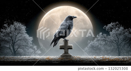 Dark raven perched on stone cross with full moon and eerie trees Dark raven perched on stone cross with full moon and eerie trees 132025308