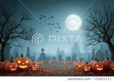 Halloween pumpkin jack o lanterns spooky graveyard with full moon 132025311
