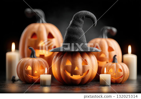 Halloween pumpkin with witch hat and candles glowing spooky night 132025314