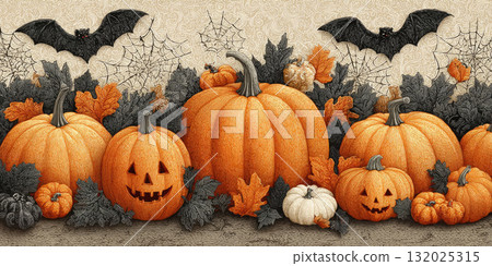 Halloween pumpkins with bats and spider webs create spooky autumn 132025315