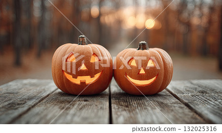 Two glowing carved pumpkins with happy faces on wooden table 132025316