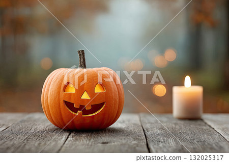 Jack o lantern pumpkin with candle on wooden table in autumn 132025317