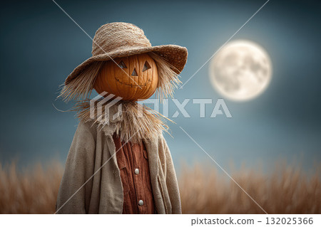 Scarecrow with pumpkin head and straw hat under full moon night 132025366