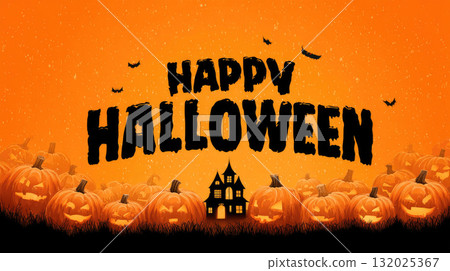 Happy Halloween text with pumpkins and haunted house orange 132025367