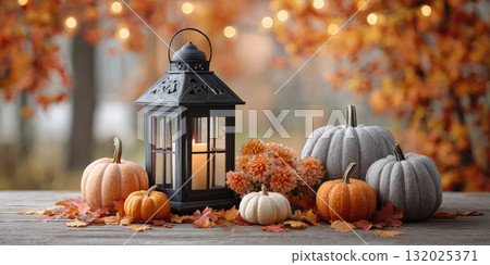 Autumn pumpkins and lantern with flowers on wooden table Autumn pumpkins and lantern with flowers on wooden table 132025371