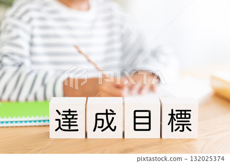 Achievement goal blocks and elementary school boy studying Achievement goal blocks and elementary school boy studying 132025374