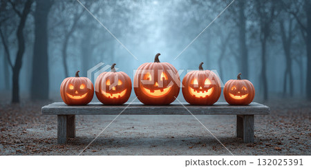 Jack o lantern pumpkin faces glowing bench spooky foggy forest 132025391