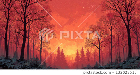 Sunset forest with bare trees and glowing orange sky 132025513