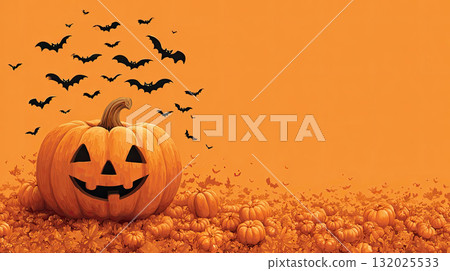 Happy Halloween pumpkin with flying bats on orange background 132025533