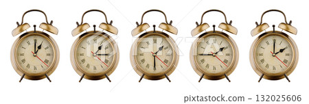 Alarm clock set, vintage clock with time period 01:00, 01:15, 01:30, 01:45, 02:00 a.m., p.m. isolated on white background Alarm clock set, vintage clock with time period 01:00, 01:15, 01:30, 01:45, 02:00 a.m., p.m. isolated on white background 132025606
