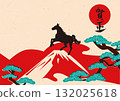 A pop Japanese-style New Year's card template featuring horses, mountains, and pine trees 132025618