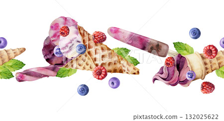 Berry gelato scoops in crispy waffle cone, ice lolly popsicles with mint leaves. Isolated seamless banner border header hand drawn in watercolor. Frozen dessert menu, artisan cafe branding, packaging. 132025622