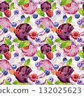 Blueberry and raspberry gelato sorbet scoops, fresh mint and scattered berries topping. Isolated illustration hand drawn in watercolor. Frozen treat insert, ice cream cafe print, food blog background 132025623