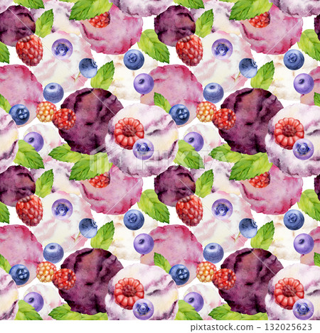 Blueberry and raspberry gelato sorbet scoops, fresh mint and scattered berries topping. Isolated illustration hand drawn in watercolor. Frozen treat insert, ice cream cafe print, food blog background 132025623