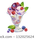 Fruit sorbet scoops in glass bowl topped with fresh blueberry, raspberry berries, mint leaves. Isolated illustration hand drawn in watercolor. Ice cream label, handmade packaging, sweet journal insert 132025624