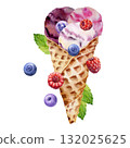 Fruit and berry sorbet scoops in waffle cone with fresh mint leaves, raspberry and blueberry. Isolated illustration hand drawn in watercolor. Artisan food label, summer treat wrap, market branding. 132025625
