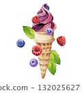 Soft swirled ice cream wafer cone topped with raspberries and blueberries, mint leaves. Isolated illustration hand drawn in watercolor. Frozen yogurt menu, organic dessert tag, grocery shop design. 132025627