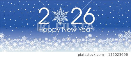 Happy New Year 2026 template with blue and white snowflakes and stars on blue gradient background. Happy New Year 2026 template with blue and white snowflakes and stars on blue gradient background. 132025696