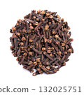 Dried cloves, circle on white background. Circle shape made with a bunch of aromatic flower buds of Syzygium aromaticum, used in cuisines as a spice, for flavoring, or as fragrance in cosmetics. Photo 132025751