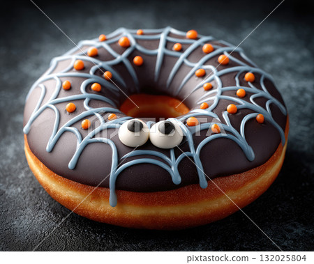 Halloween donut with chocolate glaze and spider web design 132025804