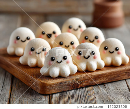 Cute octopus shaped marshmallows with smiling faces on wooden board 132025806