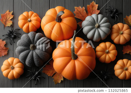 Autumn pumpkins with black spiders and fall leaves on dark wood Autumn pumpkins with black spiders and fall leaves on dark wood 132025865