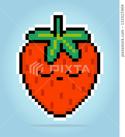 8 bit pixel strawberry characters. Pixel fruit for game assets and cross stitches patterns in vector illustrations. 132025904