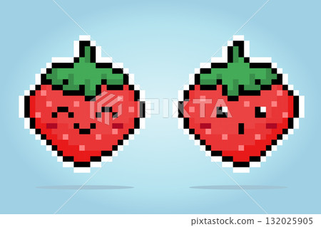 8 bit pixel strawberry characters. Pixel fruit for game assets and cross stitches patterns in vector illustrations. 132025905